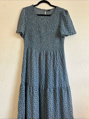 Blue Floral Smocked Maxi Dress with Short Sleeves